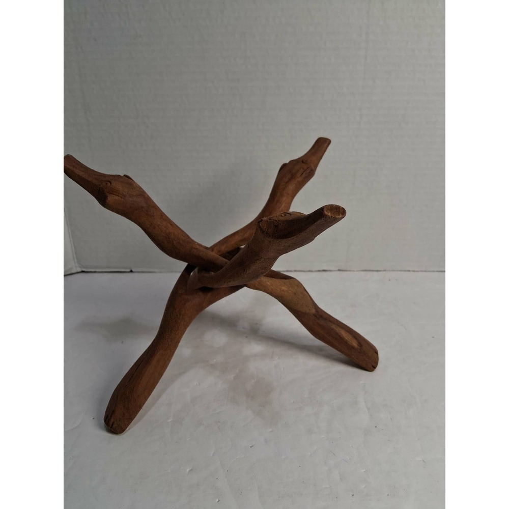Vtg MCM Hand Carved Wood‎ Snake Head Display Collapsible Tripod Bowl Stand India
